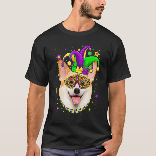 Camiseta Engraçado Mardi Gras Corgi Miçanga Máscara Mardi G (Frente)