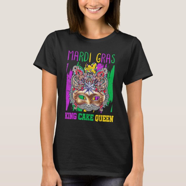 Camiseta Engraçado Mardi Gras Mask & King Cake Design Para  (Frente)