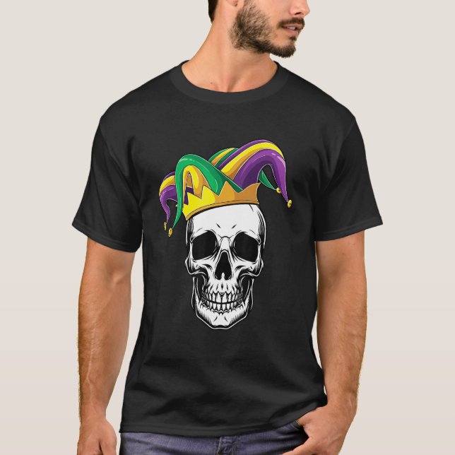 Camiseta Engraçado Mardi Gras Skull Jester Hat Parade Figur (Frente)