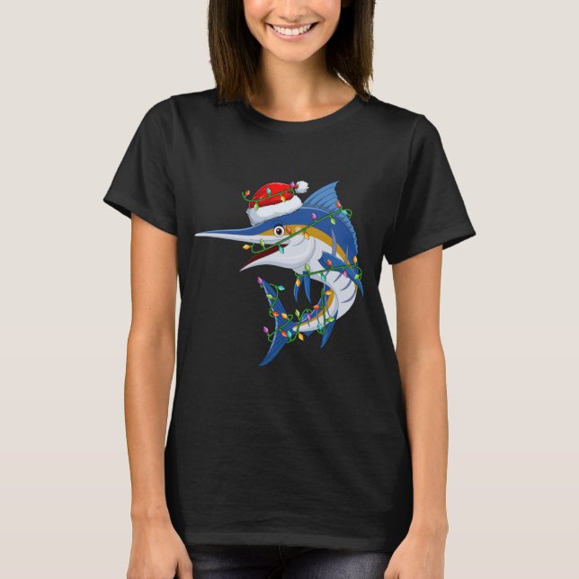 Camiseta Engraçado Marlin Fish Lover Xmas Santa Hat Marlin  (Frente)