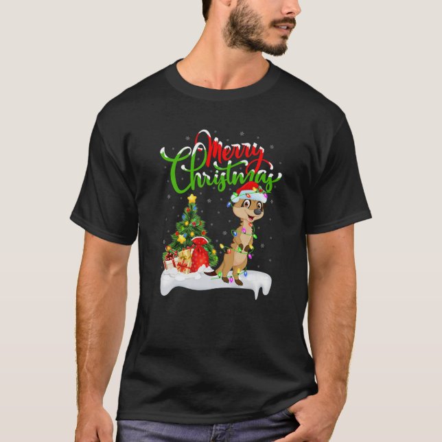 Camiseta Engraçado Meerkat Amante de os animais Xmas Lighti (Frente)