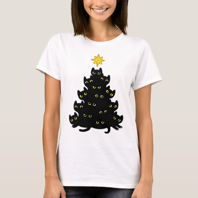 Camiseta Engraçado Meowy Kawaii Black Cats Árvore de Natal (Frente)