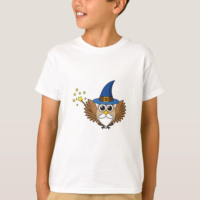 Camiseta Engraçado Merlin, o Cartoon da Coruja Mágica (Frente)