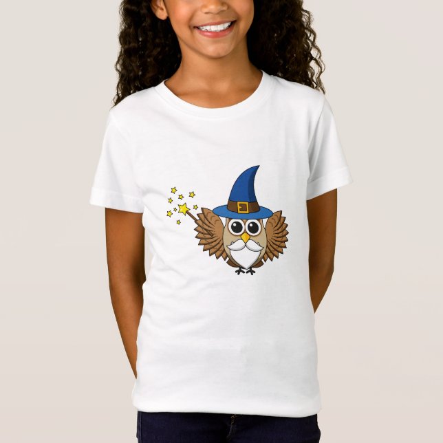 Camiseta Engraçado Merlin, o Cartoon da Coruja Mágica (Frente)