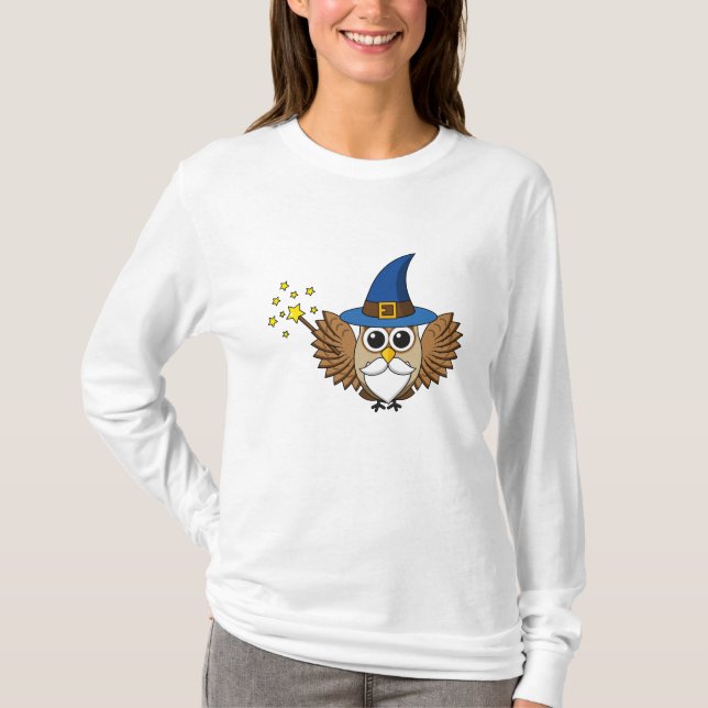 Camiseta Engraçado Merlin, o Cartoon da Coruja Mágica (Frente)