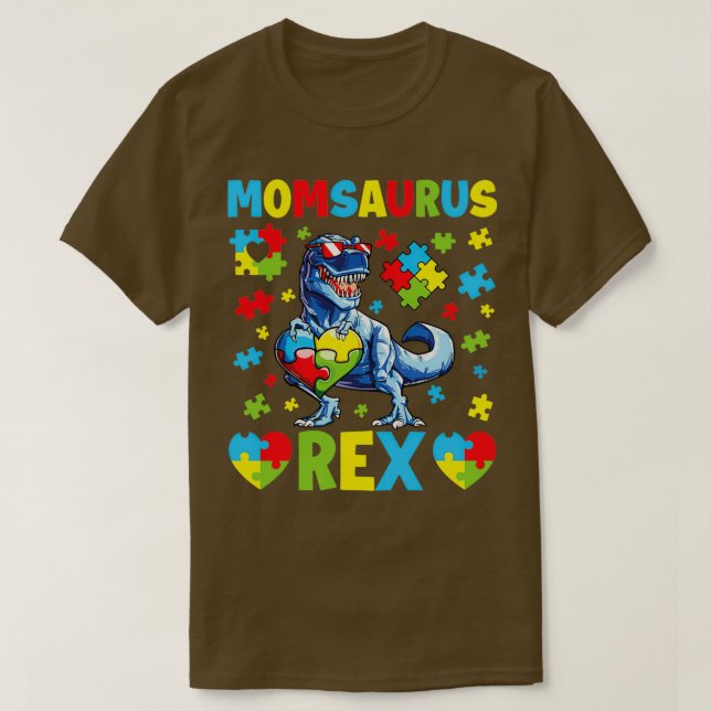 Camiseta Engraçado Momsaurus Autismo Dia da Consciência Din (Frente do Design)