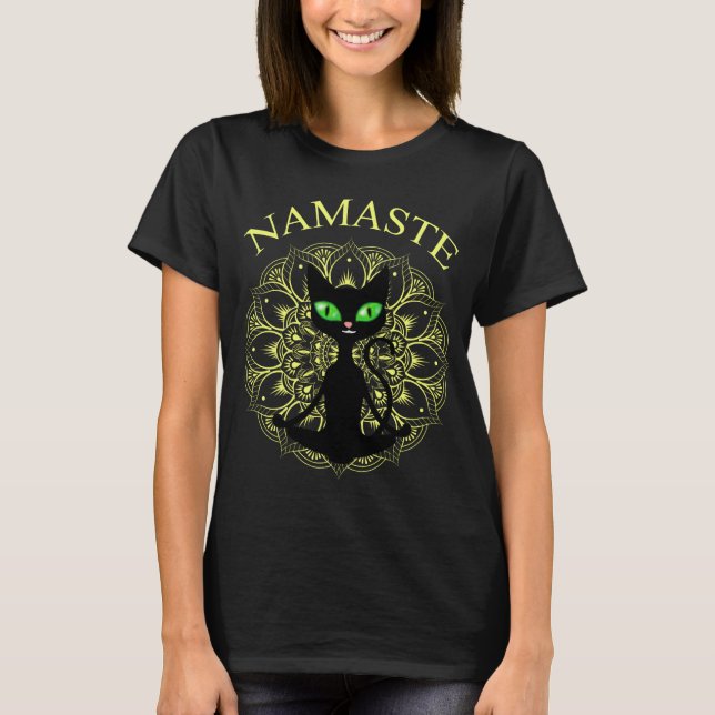 Camiseta Engraçado Namaste Cat Yoga Yellow Mandala (Frente)