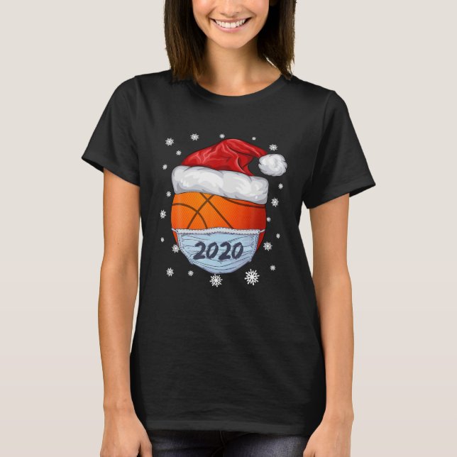 Camiseta Engraçado Natal 2020, Basquete Santa Hat Vestindo (Frente)