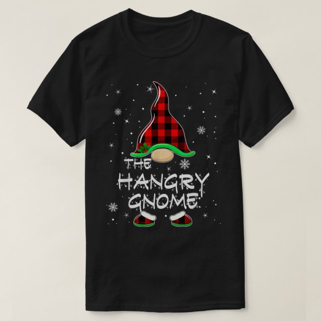 Camiseta Engraçado Natal da Xadrez Vermelha do Gnomo Hangry (Frente do Design)
