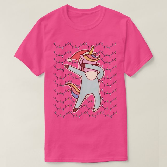 Camiseta Engraçado Natal Dabbing Unicorn Luzes de Natal 2 (Frente do Design)