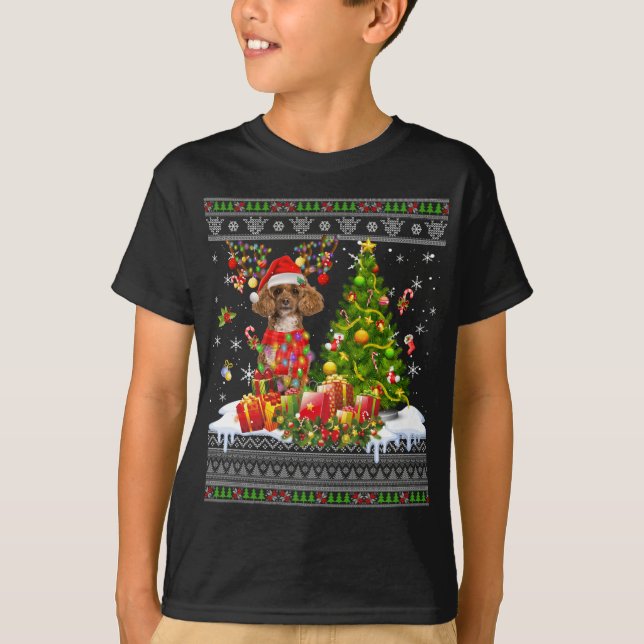 Camiseta Engraçado Natal Luz Poodô Cachorro Engraçado Xmas  (Frente)