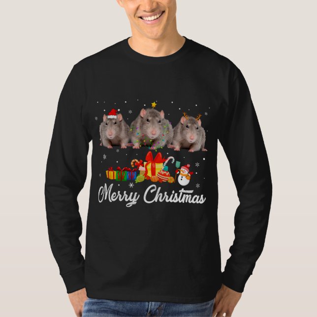 Camiseta Engraçado Natal Luz Xmas Pajama Rat Animal Lov (Frente)