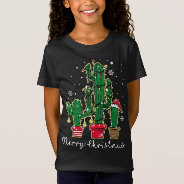 Camiseta Engraçado Natal Luzes Cactus Santa Hat Cactus Lov (Frente)
