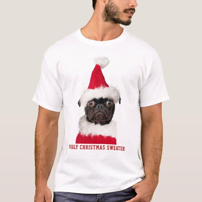 Camiseta Engraçado Natal Negro Pug Pugly Sweater (Frente)