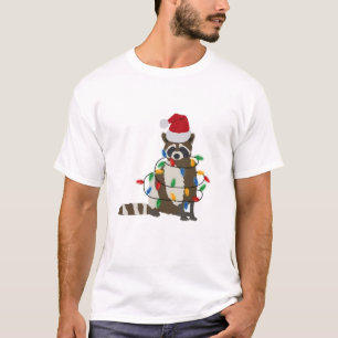 Camiseta Engraçado Natal Raccoon Santa Hat Luzes de Natal