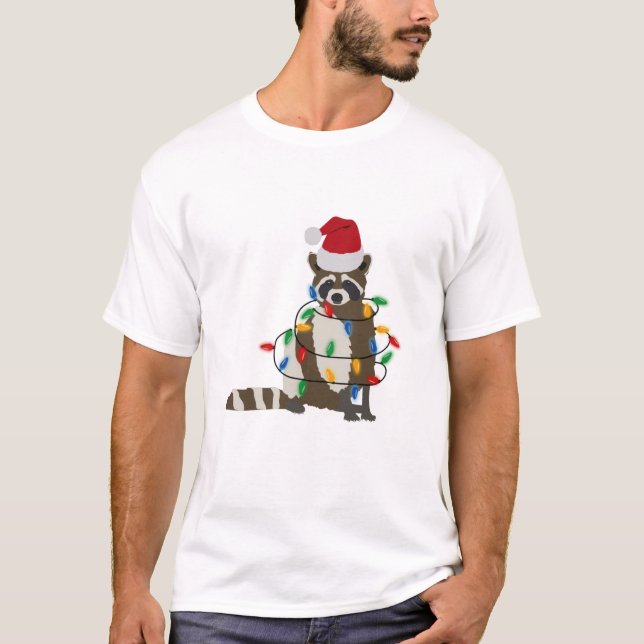 Camiseta Engraçado Natal Raccoon Santa Hat Luzes de Natal (Frente)