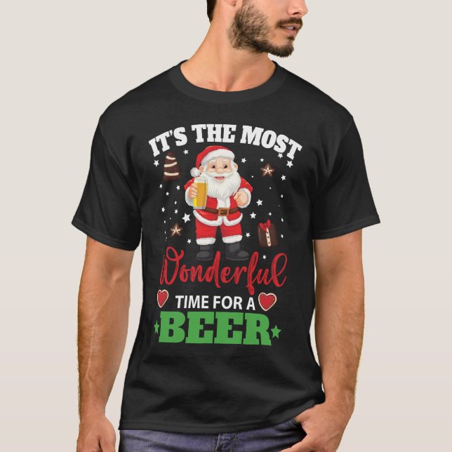 Camiseta Engraçado Natal Santa Claus Bebendo Beer Wonderfu (Frente)