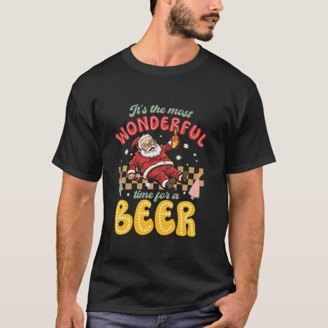 Camiseta Engraçado Natal Santa Claus Bebendo Beer Wonderfu (Frente)