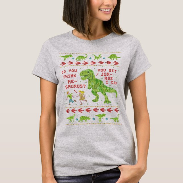 Camiseta Engraçado Natal T Rex Dinossaur Humor Faux Knit (Frente)