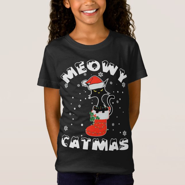 Camiseta Engraçado Negro Gato Luzes de Natal Feliz Moga Cat (Frente)