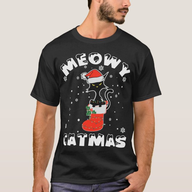 Camiseta Engraçado Negro Gato Luzes de Natal Feliz Moga Cat (Frente)