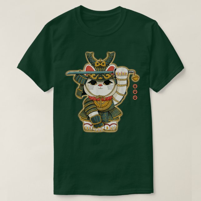 Camiseta Engraçado Neko Lucky Cat Samurai Japão Para Homens (Frente do Design)