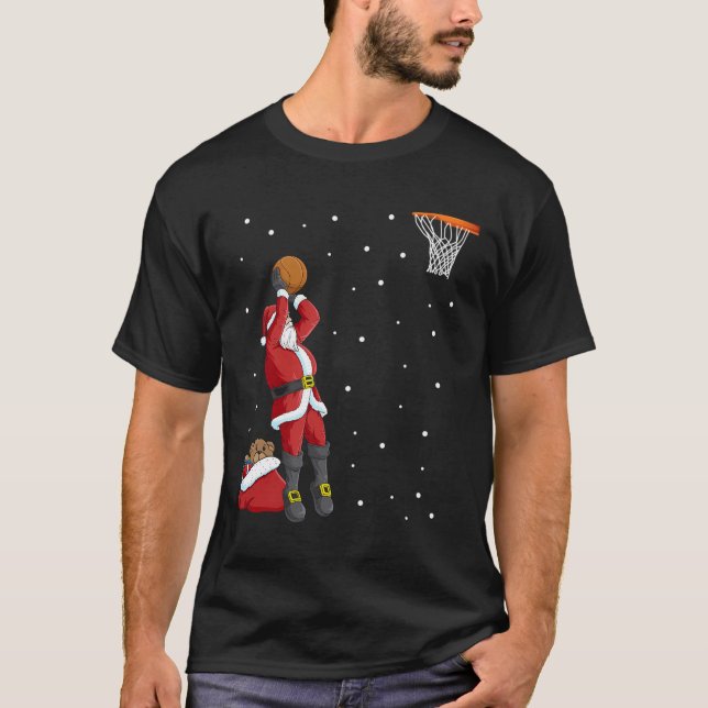 Camiseta Engraçado Noel Claus no Basquete Presente de Natal (Frente)