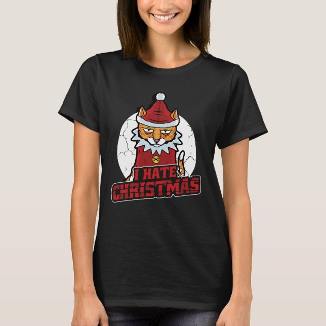 Camiseta Engraçado Odeio Papais noeis de Natal Gato (Frente)