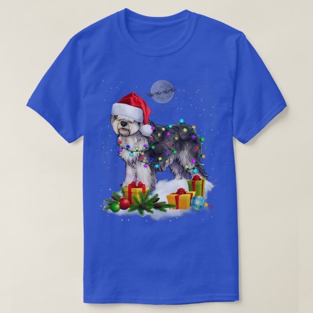 Camiseta Engraçado Olho Inglês Cão Cachorro Luzes de Natal  (Frente do Design)