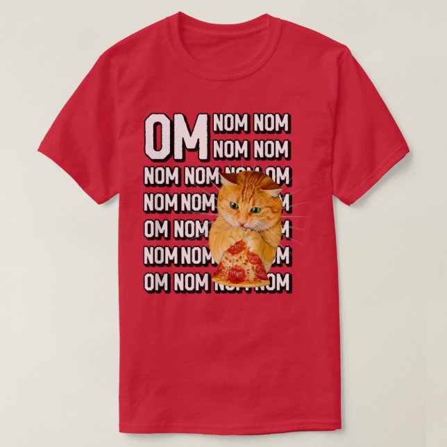 Camiseta Engraçado Om Nom Nom Orange Cat Comendo Pepperoni  (Frente do Design)