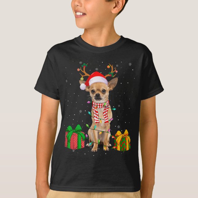 Camiseta Engraçado Pajama Santa Hat Chihuahua Luzes de Nata (Frente)