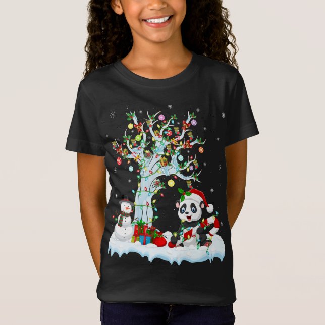 Camiseta Engraçado Panda Xmas Tree Lighting Santa Hat Panda (Frente)