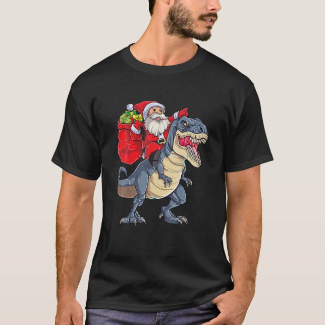 Camiseta Engraçado Papai Noel Andando Dinossauro T Rex Boys (Frente)