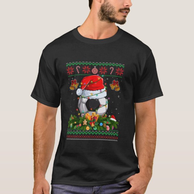 Camiseta Engraçado Papai Noel Futebol Ball Wreath Christmas (Frente)