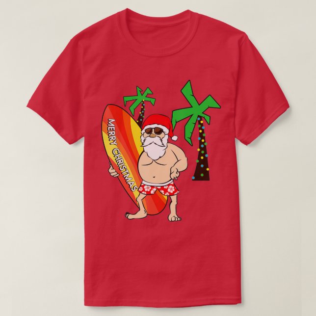 Camiseta Engraçado Papai Noel Surfando Natal No Havaí Em Ju (Frente do Design)