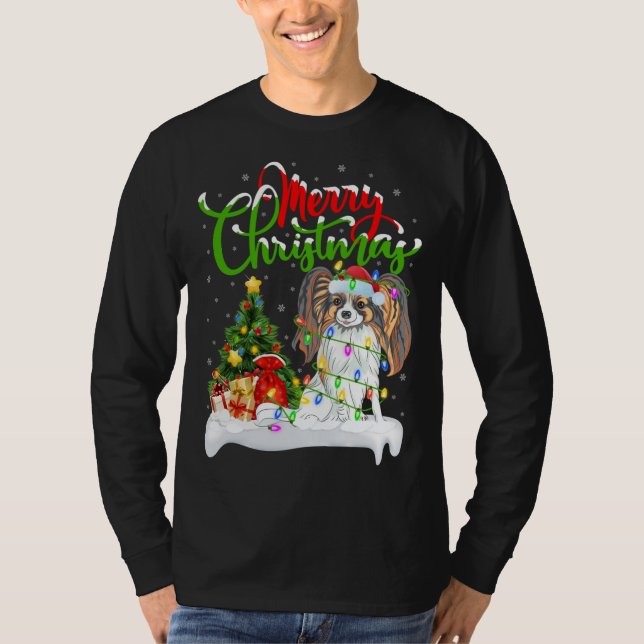 Camiseta Engraçado Papillon Cão Lover Xmas Lighting Papillo (Frente)