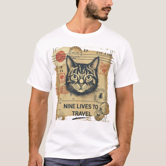 Camiseta Engraçado Passaporte de Gato T-Shirt Nove Vive até (Frente)