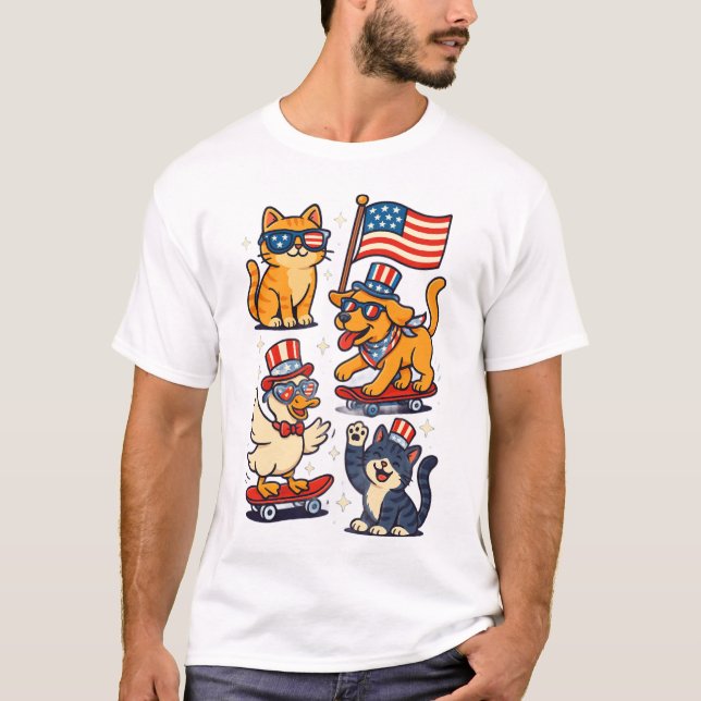 Camiseta Engraçado Patriótico Pets T-Shirt Legal Cão, Gato  (Frente)