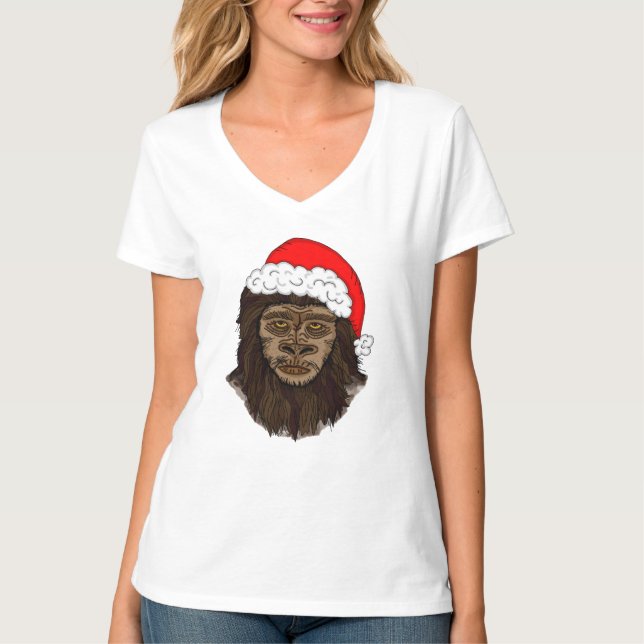 Camiseta Engraçado Pé-Grande No Humor Sasquatch De Santa Ha (Frente)
