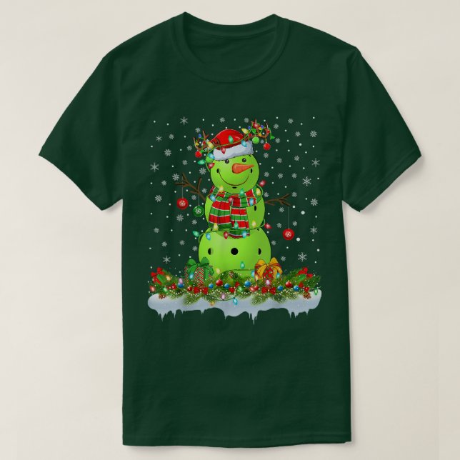 Camiseta Engraçado Pickleball Snowman Xmas Lights Picklebal (Frente do Design)