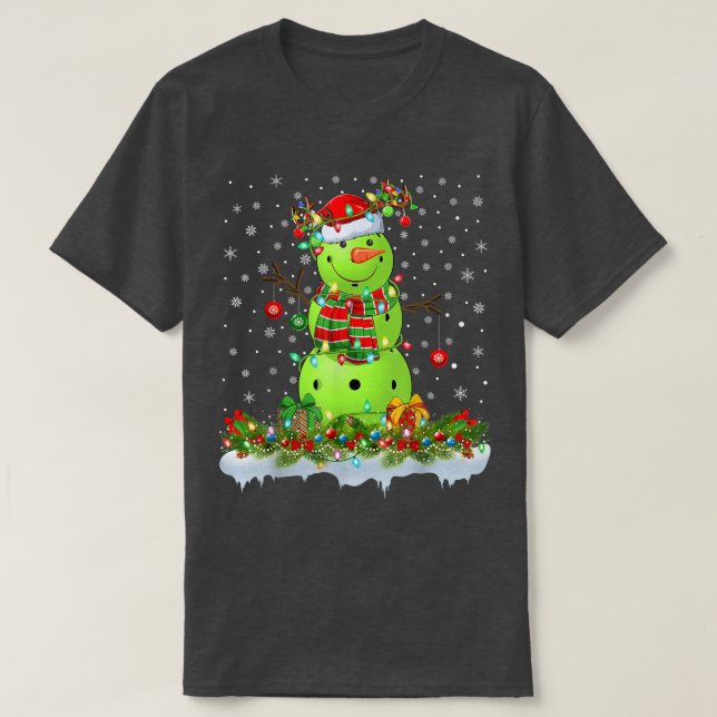 Camiseta Engraçado Pickleball Snowman Xmas Lights Picklebal (Frente do Design)