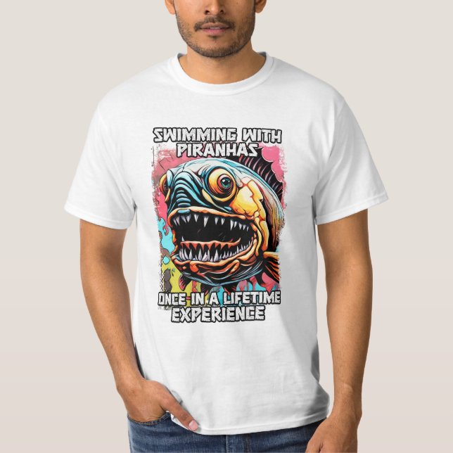 Camiseta Engraçado Piranha Dizendo Cota de Nadação Hilarian (Frente)