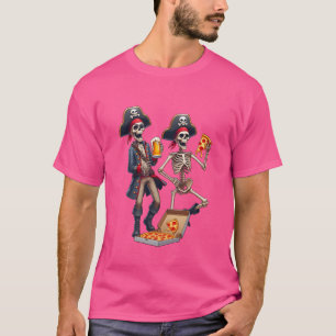 Camiseta Engraçado Pirata Skeletons Bebendo Cerveja Comendo