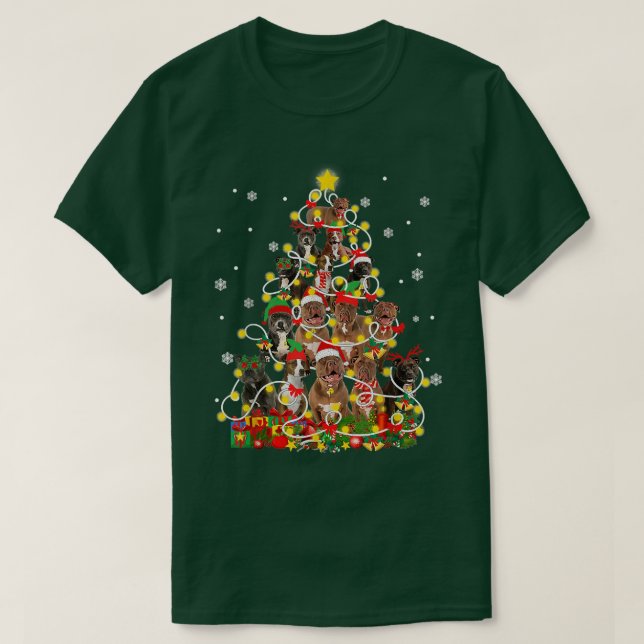 Camiseta Engraçado Pitbully Santa Hat Árvore de Natal Luzes (Frente do Design)