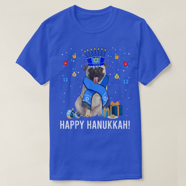 Camiseta Engraçado Pug Menorah Feliz Natal Hanukkah Juew (Frente do Design)