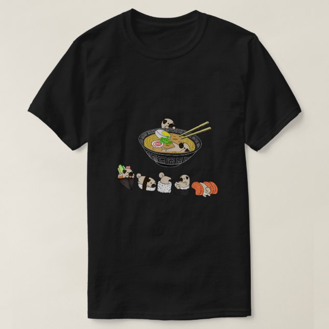 Camiseta Engraçado Pug Sushi Ramen Bowl Cute Japonês Kawaii (Frente do Design)