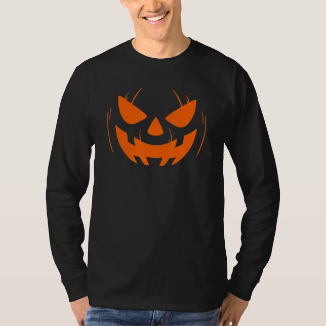 Camiseta Engraçado Pumkin Rosto Laranja Assustador Hallowee (Frente)