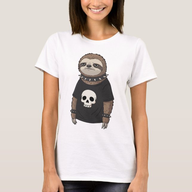 Camiseta Engraçado Punk Rock Emo Sloth com Gráfico de Crâni (Frente)
