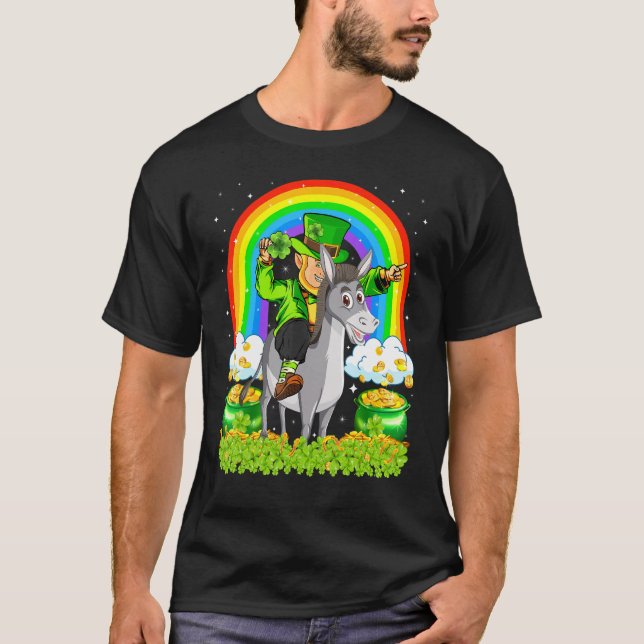 Camiseta Engraçado Rainbow Leprechaun Riding Mule Rua de Pa (Frente)