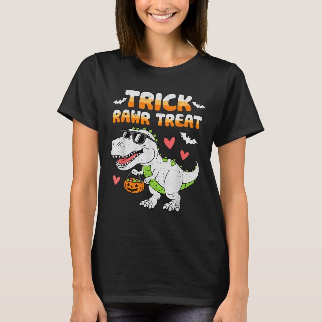 Camiseta Engraçado Rawr Treat Dinossaur T Rex Halloween Par (Frente)